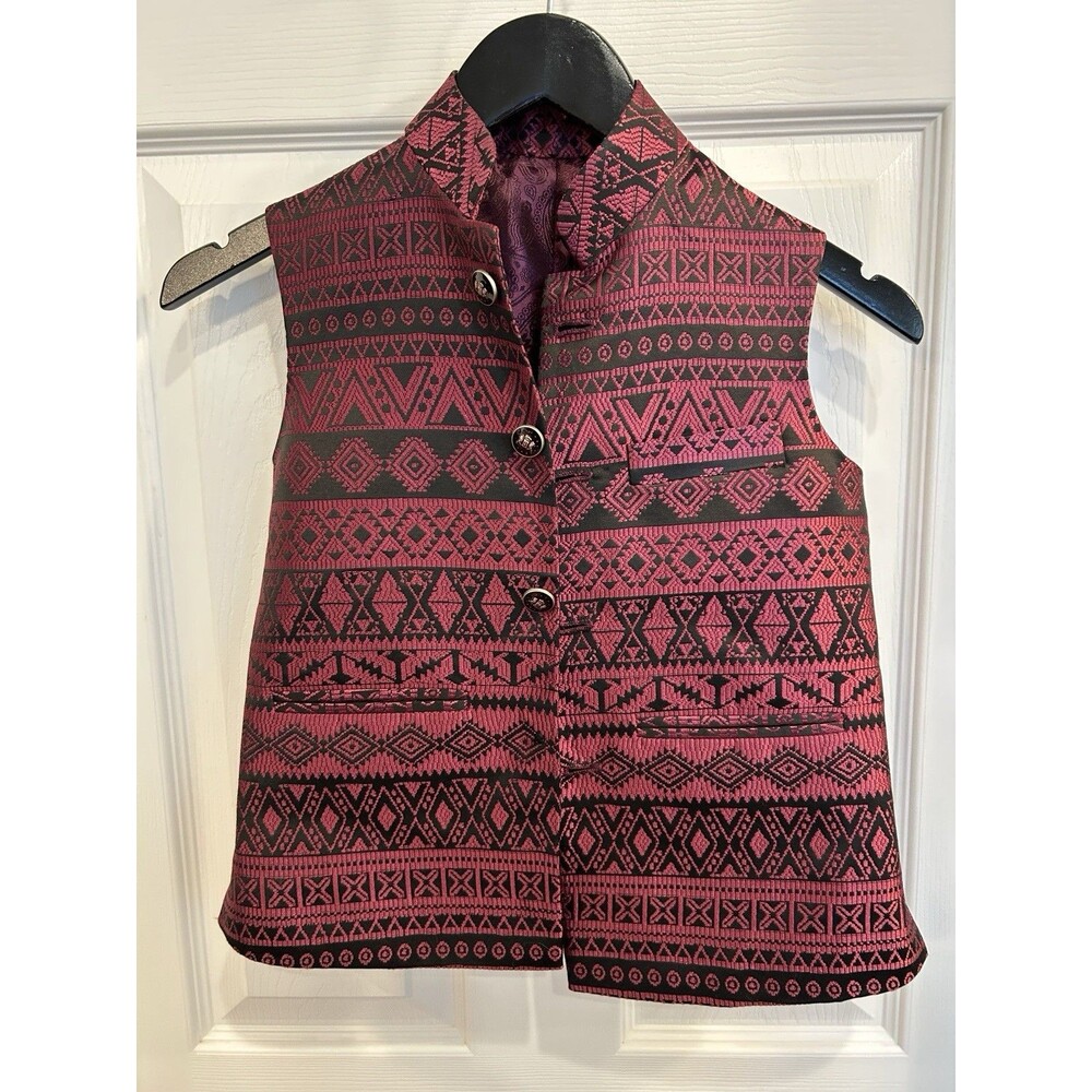 Bluestar Tailors Kids Nehru Vest Waistcoat Med 8-10 Chakma Geometric Red Black